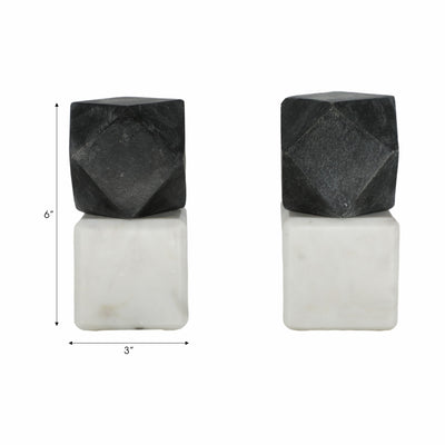 S/2 6 Marble Bookends W/ Black Hex Orb, Black/whi