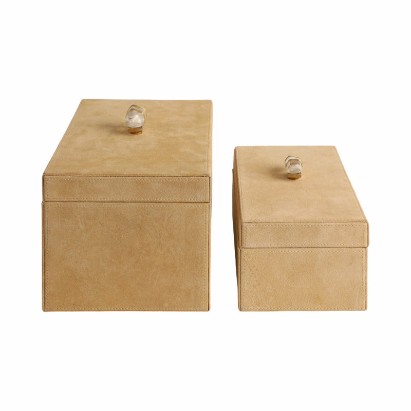 S/2 10/12 Benin Suede Boxes W/stone Knob, Ivory