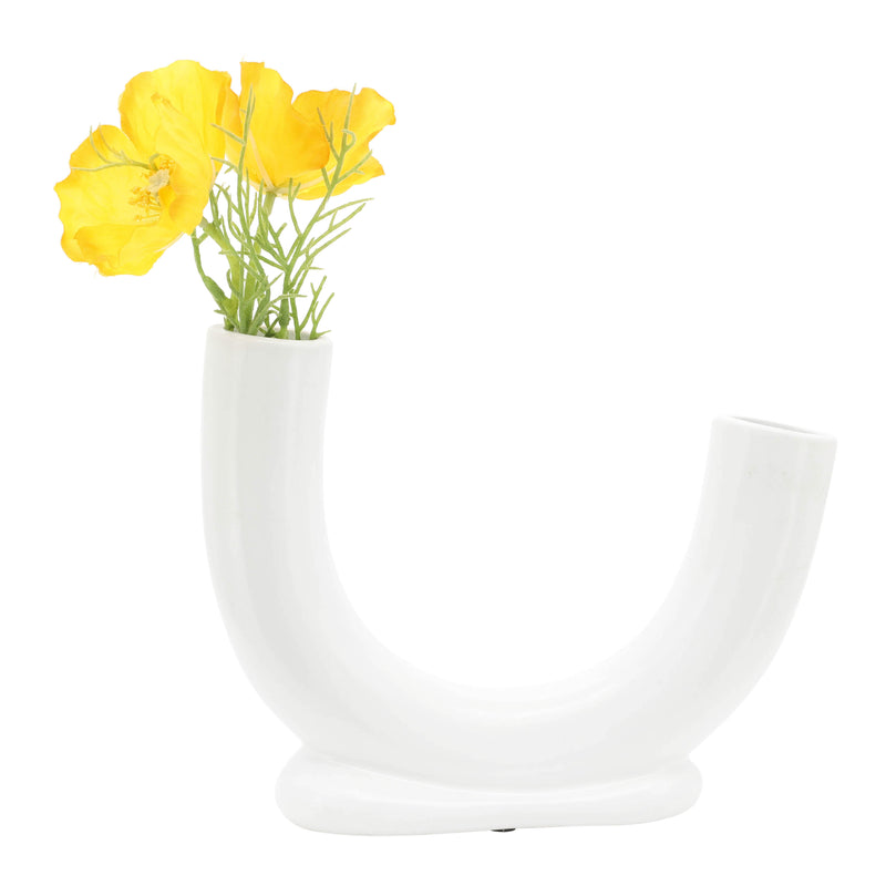 CER, 8H U-SHAPED VASE W/ BASE, WHITE