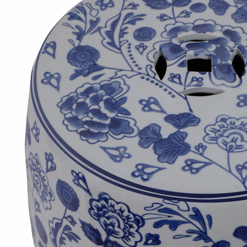 Cer, 18 Hydrangea Chinoiserie Stool, Blue/white