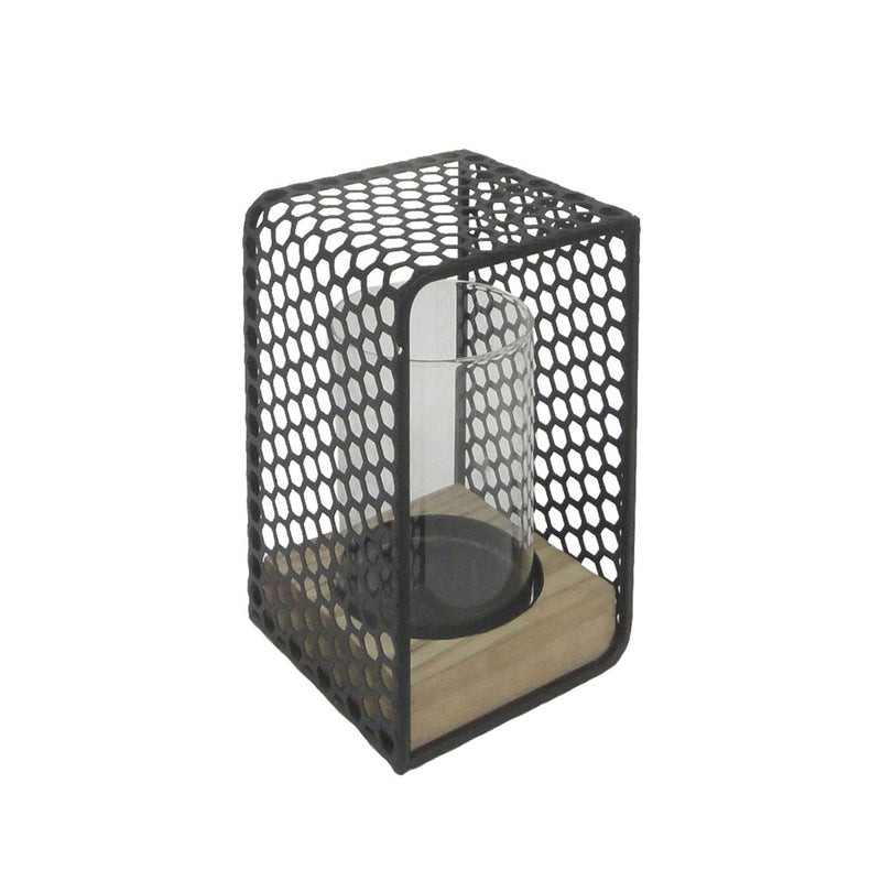 Metal, Glass, & Wood Candle Holder, Black