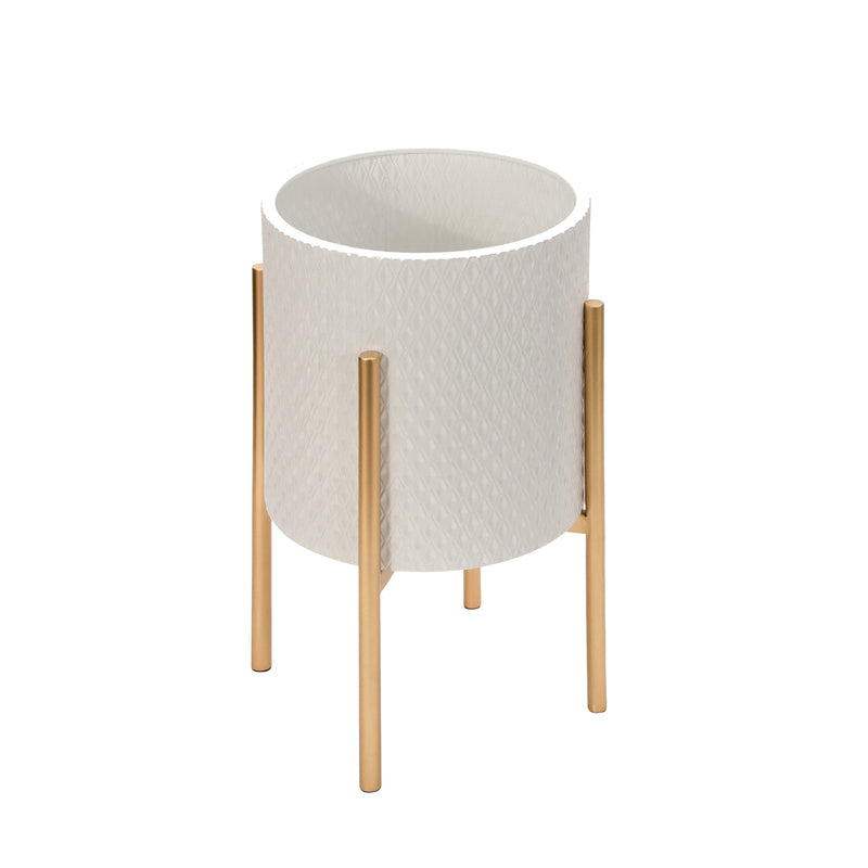 S/2 TEXTURED PLANTER ON METAL STAND, WHITE/GOLD