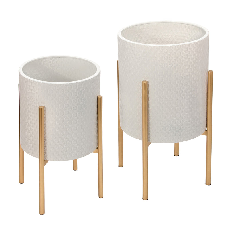 S/2 TEXTURED PLANTER ON METAL STAND, WHITE/GOLD