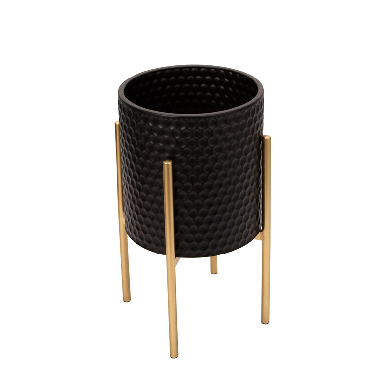 S/2 HONEYCOMB PLANTER ON METALSTAND, BLACK/GLD