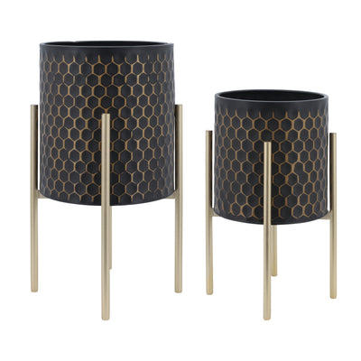 S/2 3D  HONEYCOMB PLANTER ON METAL STAND, BLK/GLD