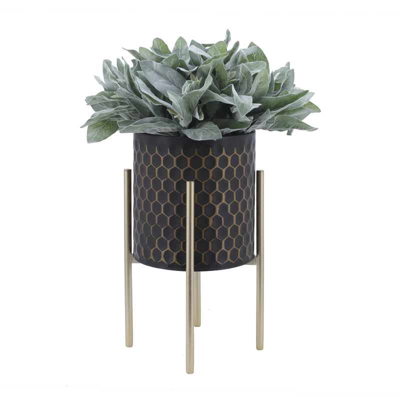 S/2 3D  HONEYCOMB PLANTER ON METAL STAND, BLK/GLD