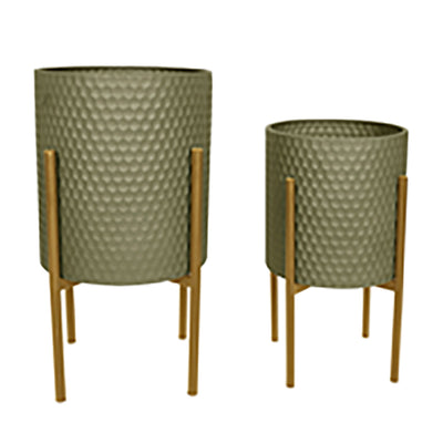 S/2 HONEYCOMB PLANTER ON METAL STAND, olive /gold