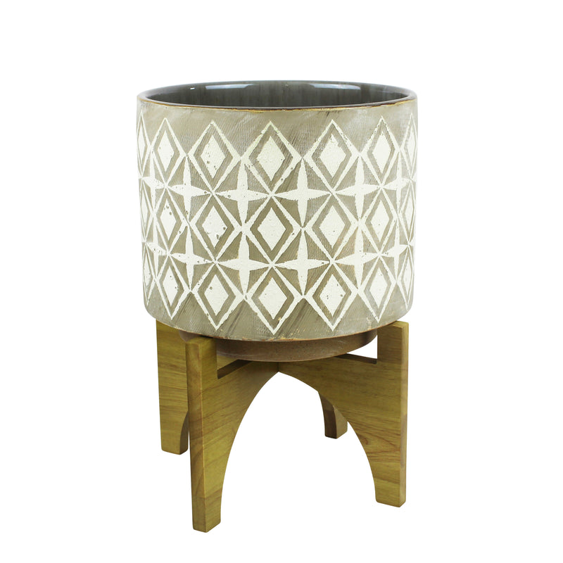 GRAY/WHITE PLANTER, WOOD STAND, 14.5