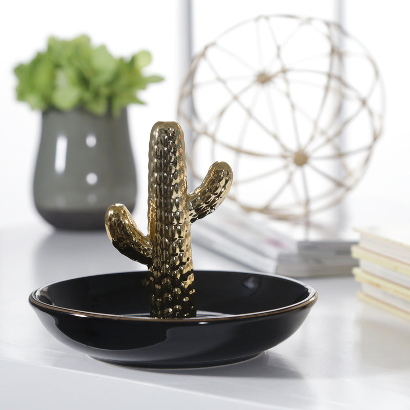 CERAMIC 6 CACTUS TRINKET TRAY, BLACK/GOLD