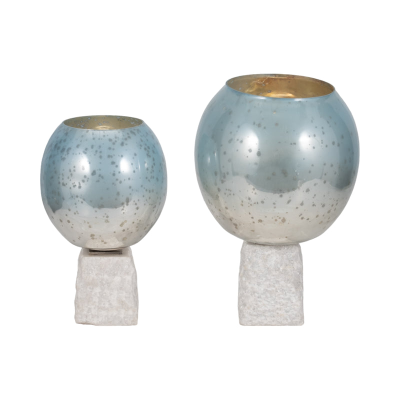 Glass, 13 Bowl Pillar Holder Marble Base, Aqua/wh