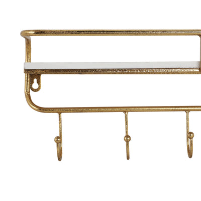 METAL/WOOD 20 5  HOOK WALL SHELF, WHITE/GOLD