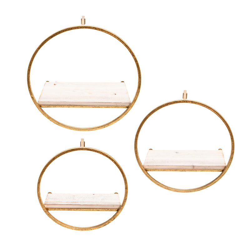 S/3 METAL & WOOD WALL SHELVES, GOLD/WHITE