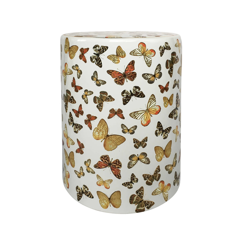 Ceramic Butterfly Pattern Garden Stool, White