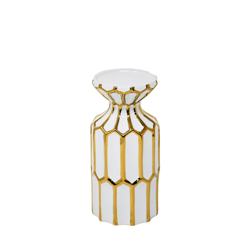 Ceramic Pillar Candle Holder, White / Gold