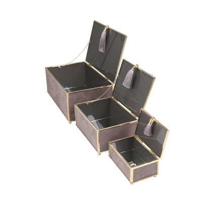 S/3 GRAY VELVETEEN BOXES W/ TASSEL