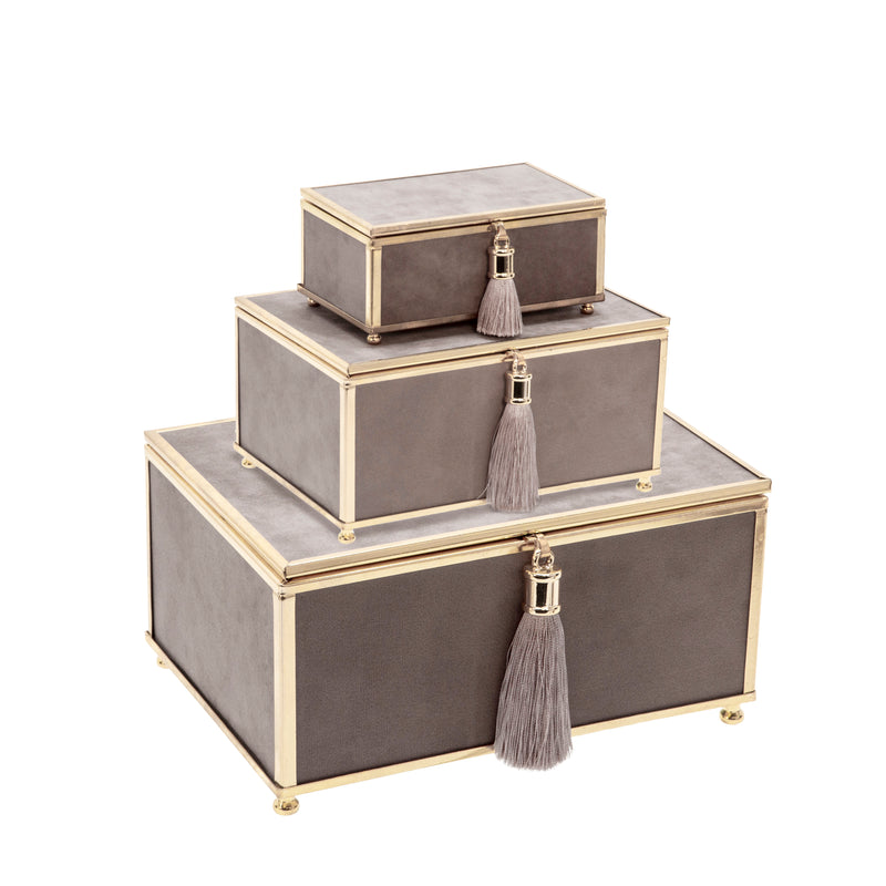 S/3 GRAY VELVETEEN BOXES W/ TASSEL