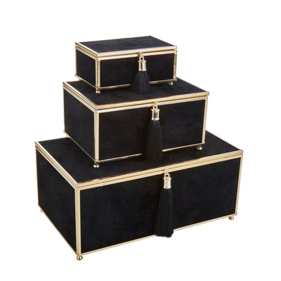 S/3 BLACK VELVETEEN BOXES W/ TASSEL