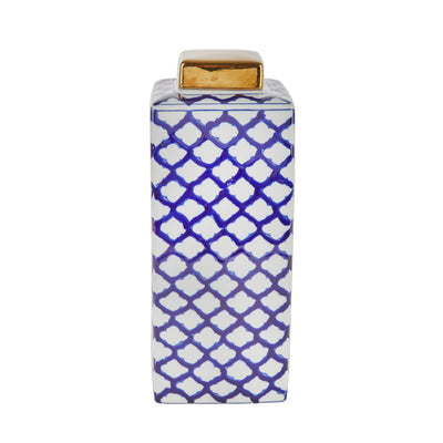 SQUARE WHITE/BLUE JAR W/ GOLD LID, 16