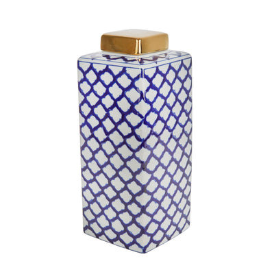 SQUARE WHITE/BLUE JAR W/ GOLD LID, 16