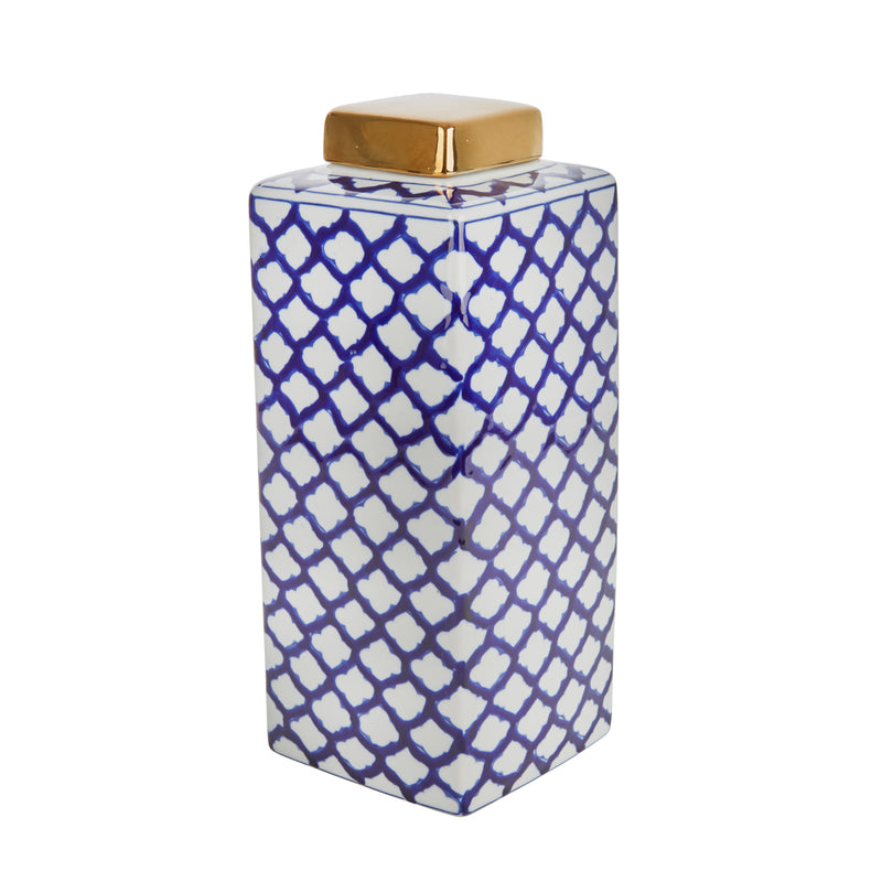 SQUARE WHITE/BLUE JAR W/ GOLD LID, 16