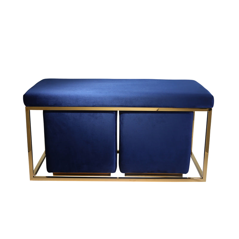 S/3 Velveteen Bench/Ottos, Gold/Navy, Kd