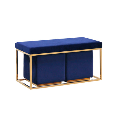 S/3 Velveteen Bench/Ottos, Gold/Navy, Kd