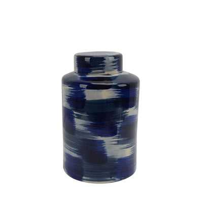 CERAMIC JAR W/ LID 14H, WHITE/BLUE