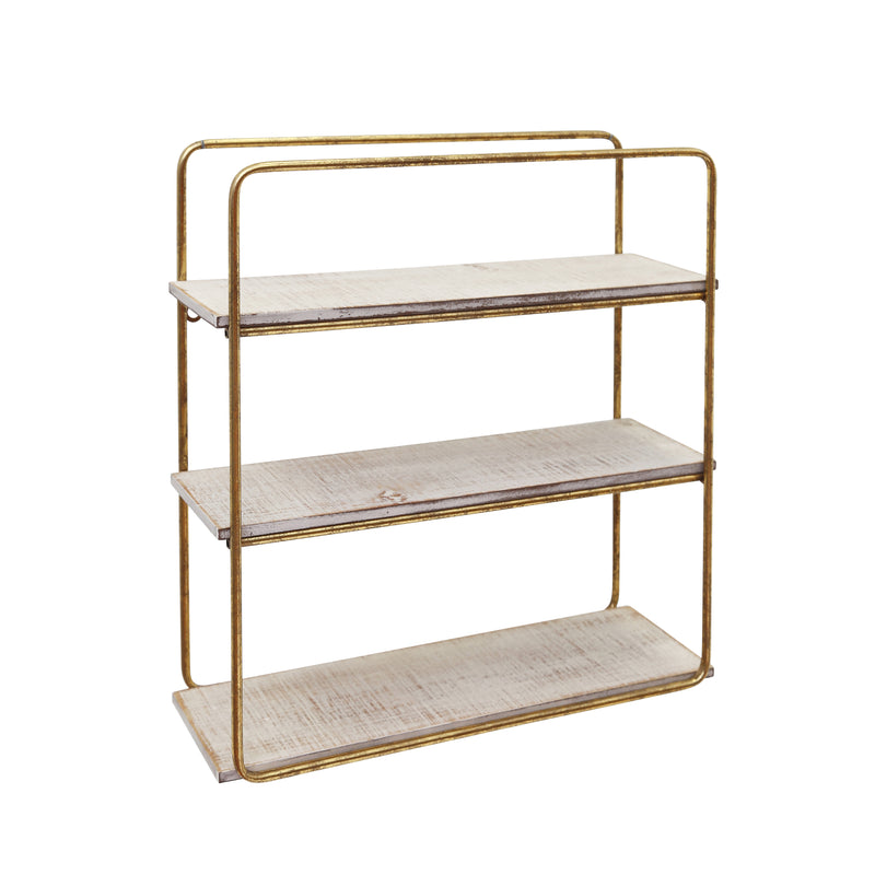 METAL / WOOD 3 TIER WALL SHELF, GOLD