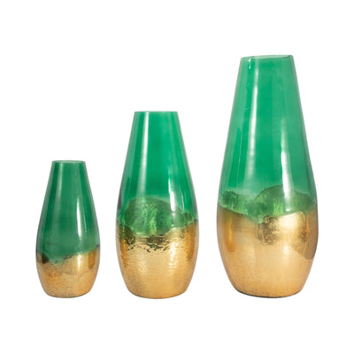 GLASS, 19 GOLD DIPPED VASE, GREEN