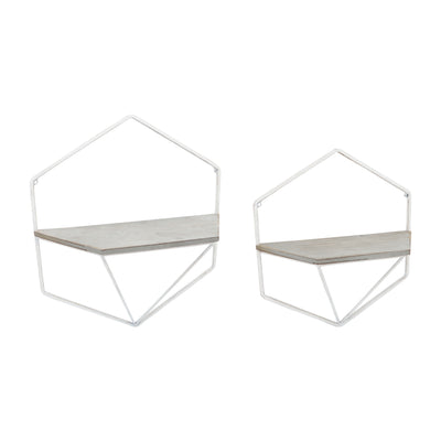 S/2 METAL / WOOD HEXAGON WALL SHELVES, WHT/GRAY