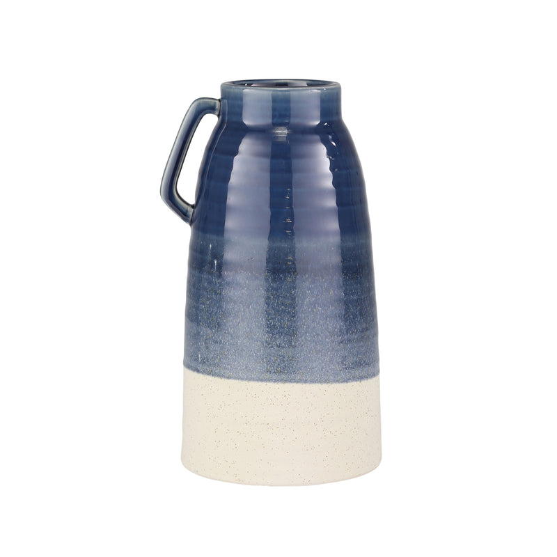 CERAMIC HANDLED VASE, 13 NAVY