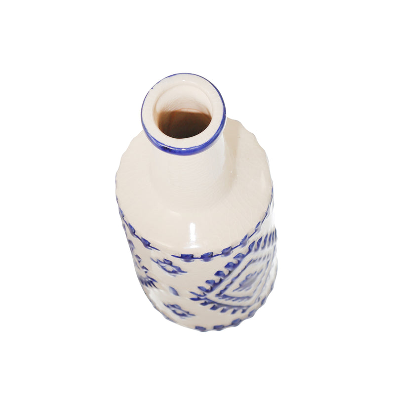 CERAMIC BOTTLE VASE, 13 WHITE/BLUE