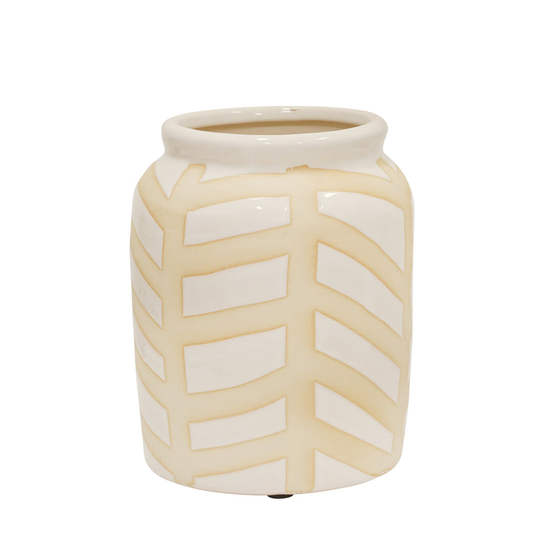 CERAMIC CHEVRON VASE 9, WHITE/BEIGE