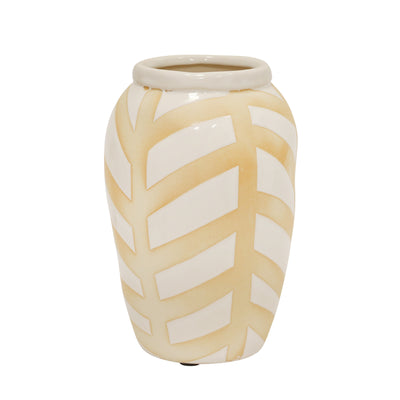 CERAMIC CHEVRON VASE 9, WHITE/BEIGE