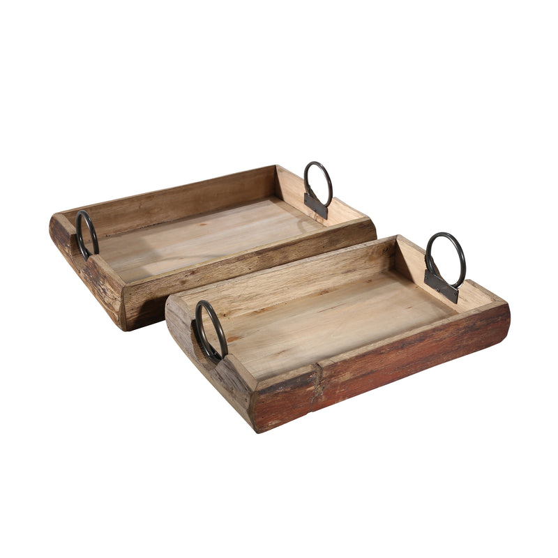 S/2 WOOD TRAYS 19X13X5, BROWN