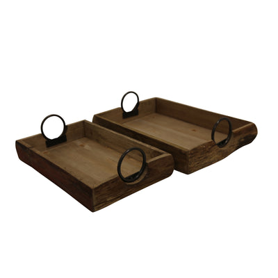 S/2 WOOD TRAYS 19X13X5, BROWN