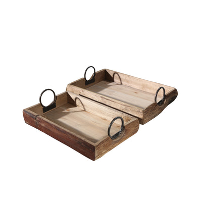 S/2 WOOD TRAYS 19X13X5, BROWN