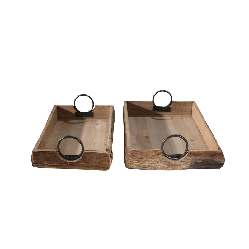 S/2 WOOD TRAYS 19X13X5, BROWN