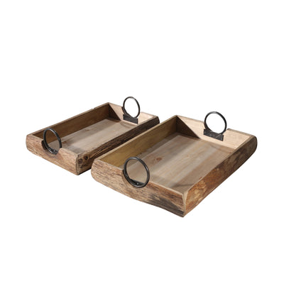 S/2 WOOD TRAYS 19X13X5, BROWN