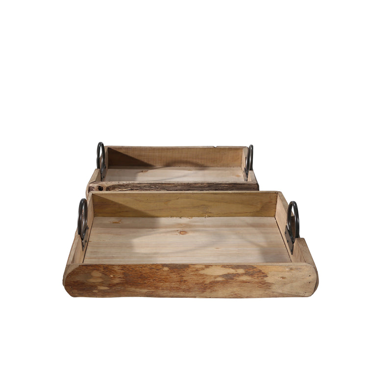 S/2 WOOD TRAYS 19X13X5, BROWN