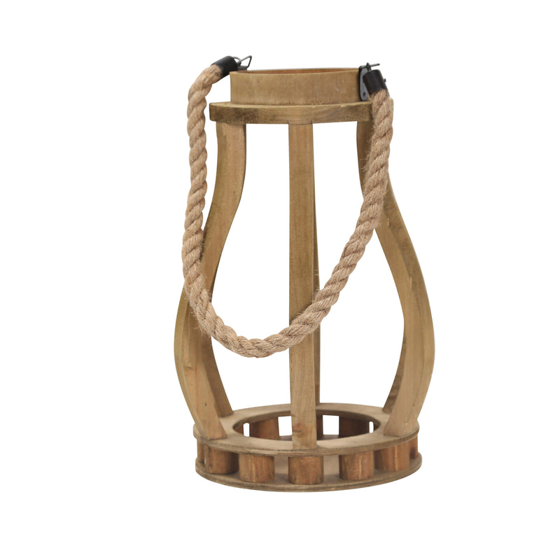 Wood 13.75 Lantern With Ropehandle, Brown