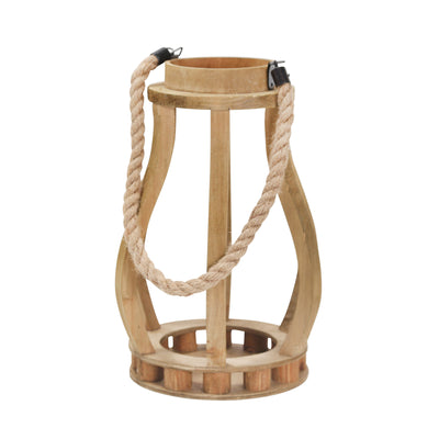 Wood 13.75 Lantern With Ropehandle, Brown