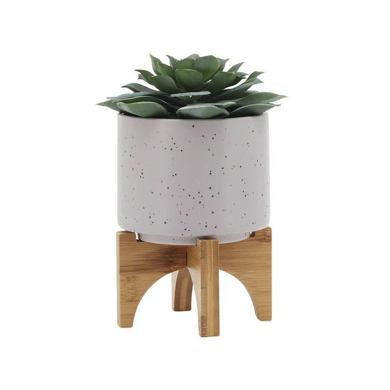 5 PLANTER W/ WOOD STAND, MATTE BEIGE