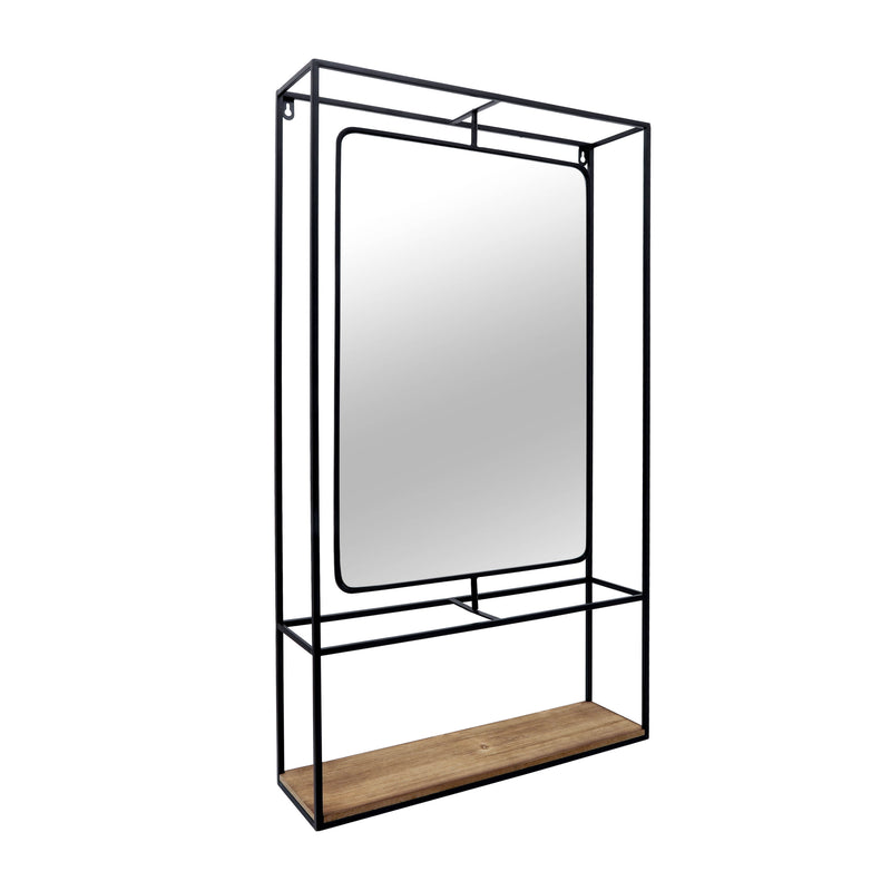 METAL/WOOD 36H WALL SHELF WITH MIRROR, BLACK/BROW