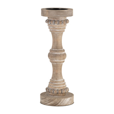 Wood, 14 Banded Bead Candle Holder, Antique White