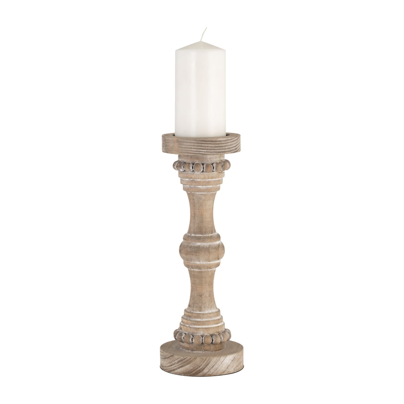 Wood, 14 Banded Bead Candle Holder, Antique White