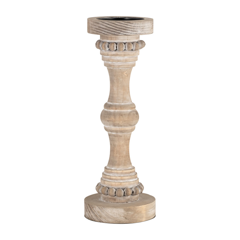 Wood, 14 Banded Bead Candle Holder, Antique White