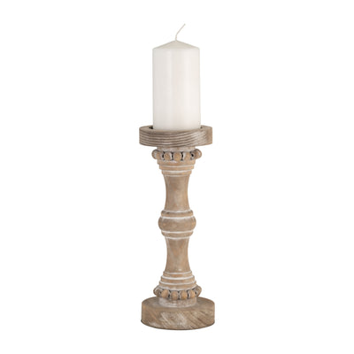 Wood, 13 Banded Bead Candle Holder, Antique White