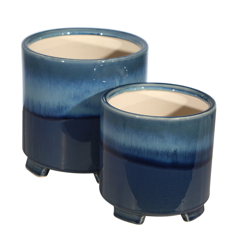 S/2 CERAMIC 6/8 FOOTED PLANTER, REACTIVE BLUE