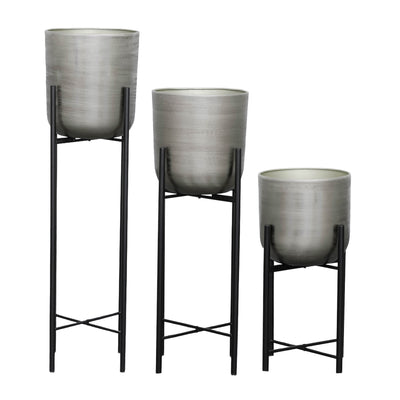 S/3 METAL PLANTERS ON STAND 40/30/20H, SILVER